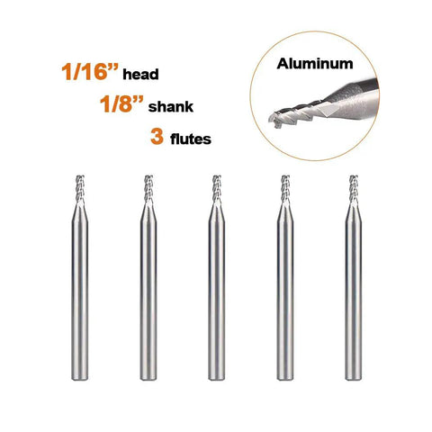 Beefed Up Aluminum End Mills Set One Eighth Inch Shank One Sixteenth Inch Cutting Diameter Upcut Three Flutes Router Bits For Aluminum And Non Ferrous Metals One And A Half Inch Overall Length Five Piece Pack