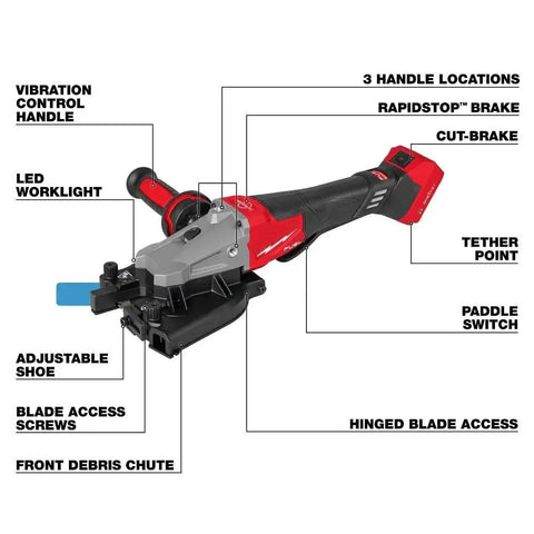 Milwaukee M18 FUEL 3675-20 Brushless Cordless Rebar Cutter showing features like adjustable shoe and vibration control handle.