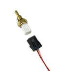 Coolant temperature sensor with brass threaded body and white plastic tip; black 2-pin connector with red/white wires.