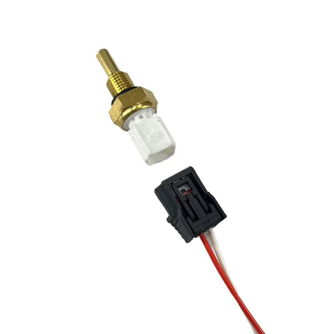 Coolant temperature sensor with brass threaded body and white plastic tip; black 2-pin connector with red/white wires.