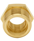 Brass garden hose reducer adapter with hex body and internal 3/8 NPT female threads, close-up view