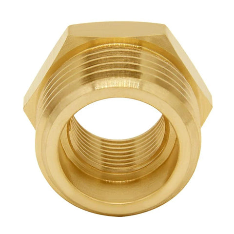 Brass garden hose reducer adapter with hex body and internal 3/8 NPT female threads, close-up view
