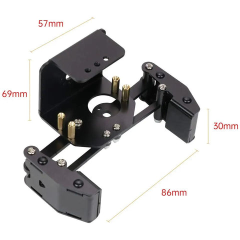 Beefy BigClaw Mechanical Gripper For DIY Robots, top view showing aluminum build and dimensions, servo not included.