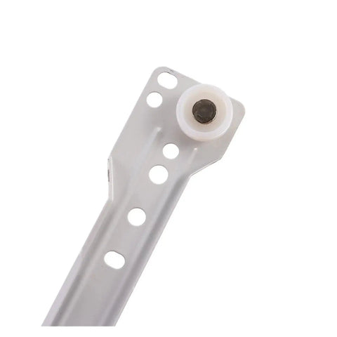 Close-up of Smooth Glide Ball Bearing Drawer Slides for Quiet Soft Close Operation showing white metal bracket with wheel