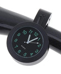 Premium Billet Aluminum Motorcycle Clock With Easy Handlebar Mount on black handlebar, featuring quartz movement and secure clamp.