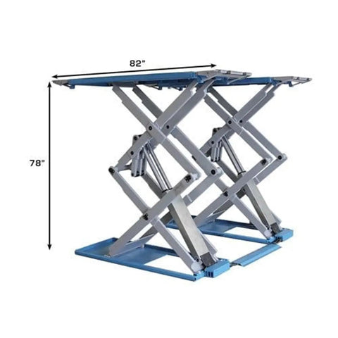 Shop Beast Commercial Scissors Lift, 9000 Lb Auto Garage Hoist showing dimensions 82" x 78" with dual scissor design.