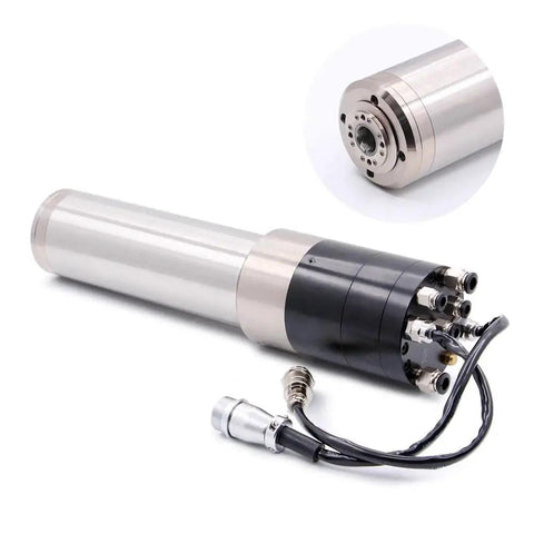 Heavy Duty 1.2KW Water Cooled ATC Spindle ISO10 Taper showing motor, connectors, and detail for CNC engraving and milling.