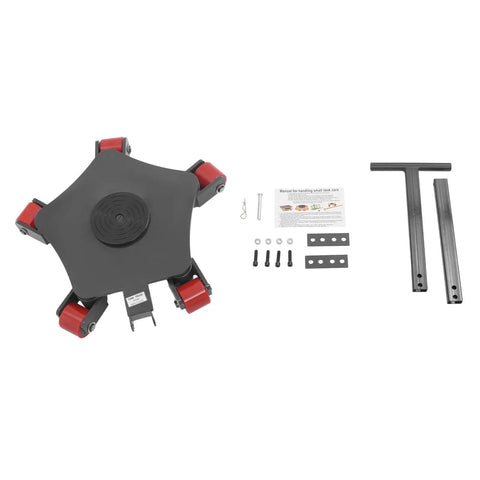 Heavy Duty Machinery Mover Dolly Featuring Five 360 Degree Swivel Casters With Tough As Nails Iron Frame Handling Four Tons Without Any Sweat For Warehouses Bulky Appliances And Heavy Furniture Hauling top view showing the dolly with red wheels and tool accessories.
