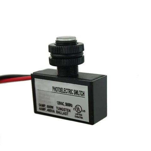 2 Pack Outdoor Dusk To Dawn Photoelectric Switches For 120V AC Lighting, shown hardwired design with UL listing details.