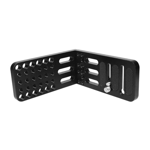 Built Tight Double Cheese Plates For Dslr Cameras With Straight Up Secure 1/4 And 3/8 Inch Screws Rock Solid L Bracket Mount angled view showcasing threaded holes.