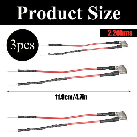 Three-piece SRS warning light resistor kit for airbag bypass with red wires and plug connectors, 11.9 cm long.