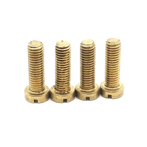 Top Tier Brass Slotted Cheese Head Screws Bulk Set M2 Through M8 Metric Fasteners Rock Solid Gear in a row displaying golden brass finish.