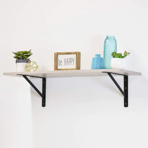 Wall shelf supported by Beefy Heavy Duty Shelf Brackets Set 10 Pack Black Powder Coat Steel 10 By 16 Inches Pre Drilled
