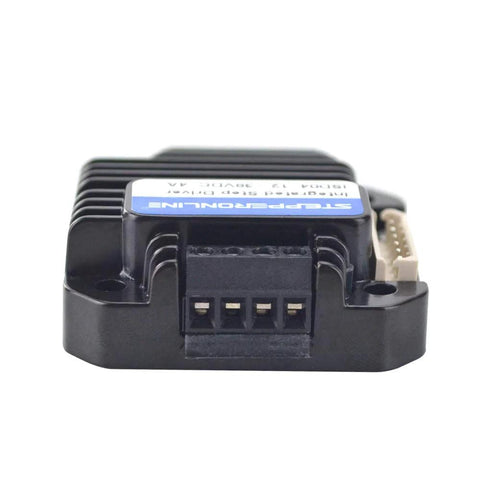 StepperONLINE integrated stepper motor driver, front view; black heatsinked module with 4-pin terminal and blue label