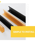 Gold Invisible Flush Pull Handles For Cabinet Doors Four Pack No Drill Install Easy Grip Wardrobe Drawers Kitchen Cupboards And Closets In Modern Gold Finish, showing gold and black handles on display