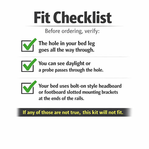 Fit checklist for Through-Hole Headboard And Footboard Bolt Kit For Bed Rails compatibility with bed legs and brackets.