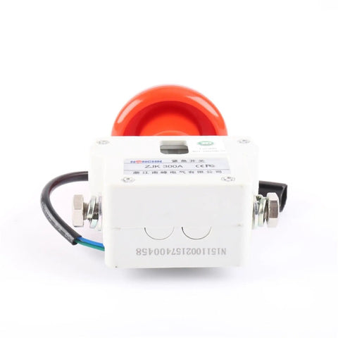 ZJK300a Heavy Duty Stop Switch For Industrial Control Panels with orange button and mounted wires for safe machinery operation.