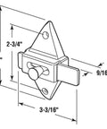 Technical drawing of Chrome Diecast Slide Latch Replacement for Cabinets and Doors, 2-3/4 in hole centers, surface mount design.