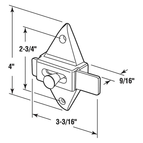 Technical drawing of Chrome Diecast Slide Latch Replacement for Cabinets and Doors, 2-3/4 in hole centers, surface mount design.
