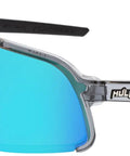 Cayman Blue Mirror Lens Wraparound Safety Glasses With Tight Grip Nose Pads And Flexible Arms shown from the side with oversized lens.