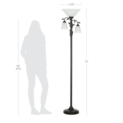 Traditional Torchiere Floor Lamp With Two Reading Lights, 72 Inches Tall, Oil Rubbed Bronze Finish, Rustic Leaf Accents And Frosted Glass Shades shown with height comparison