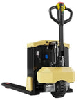 Hefty 6600 Lb Manual Pallet Jack Truck With Lithium Battery Power For Heavy Duty Warehouse Jobs, showcasing the multi-function handle and slip-resistant wheels.