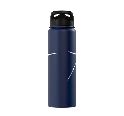 Winch Tow Glider Takeoff Vibe Stainless Steel Insulated Water Bottle For Sailplane Pilots And Glider Fans, navy blue color.