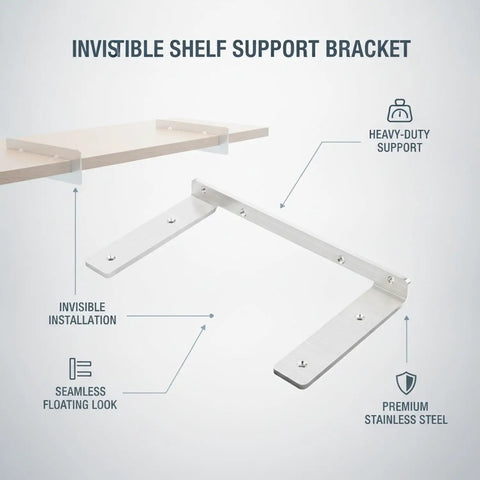 Hidden Stainless Steel Floating Shelf Bracket shown with heavy-duty support feature and seamless installation for modern homes.