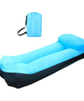 Portable blue inflatable lounger camping couch for adults and kids, air sofa chair; 220x70x60 cm, includes carrying bag.