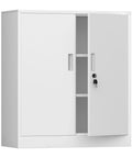 White locking metal storage cabinet with adjustable shelves and keys, compact design for home office and garage secure storage.