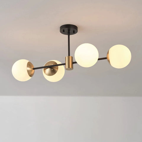 Four Light Convertible Flush Mount Chandelier With Matte Black Finish, Brass Accents And Opal Glass Shades, Dope Ceiling Mount Light Fixture