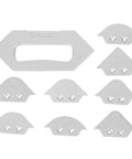 Shop Ready Router Table Corner Radius Jig Set Built Tough With Real Aluminum Alloy Includes Eight Chamfer Profile Templates R5 Through R40 For Clean Woodworking Cuts Zero Fuss Assembly, aluminum radius templates laid out.