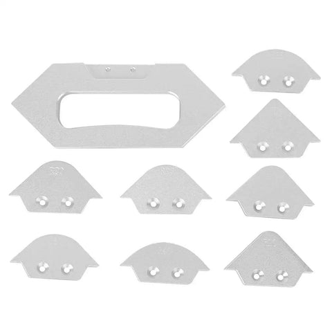 Shop Ready Router Table Corner Radius Jig Set Built Tough With Real Aluminum Alloy Includes Eight Chamfer Profile Templates R5 Through R40 For Clean Woodworking Cuts Zero Fuss Assembly, aluminum radius templates laid out.