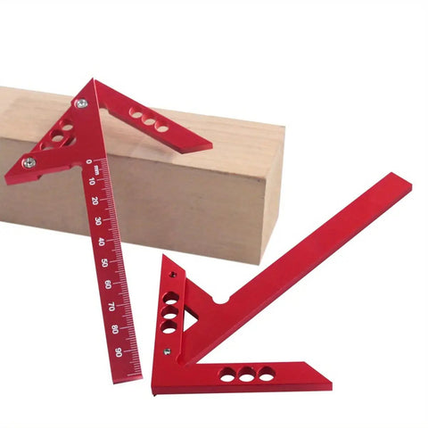 Sick Aluminum Alloy Woodworking Square For Dead Center Layout And 45 90 Degree Angle Measuring Tool With Sharp Scribe Ruler In Bold Red Metric Workshop Finish on wood block