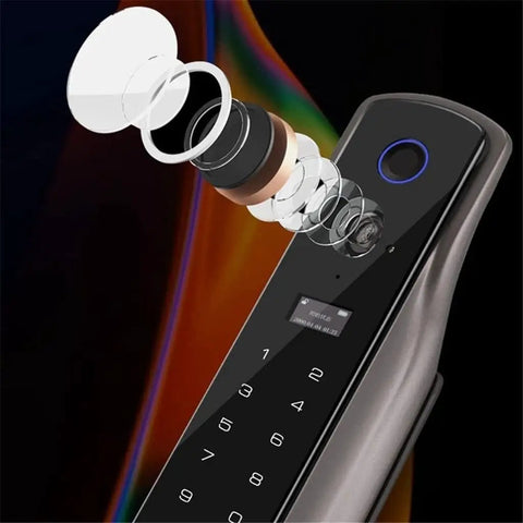 Next Level Smart Indoor Door Lock With Zero Fuss App Remote Control Reliable Fingerprint Scanner Passcode Plus Physical Key Backup Sleek Auto Latch Design close-up of fingerprint scanner components