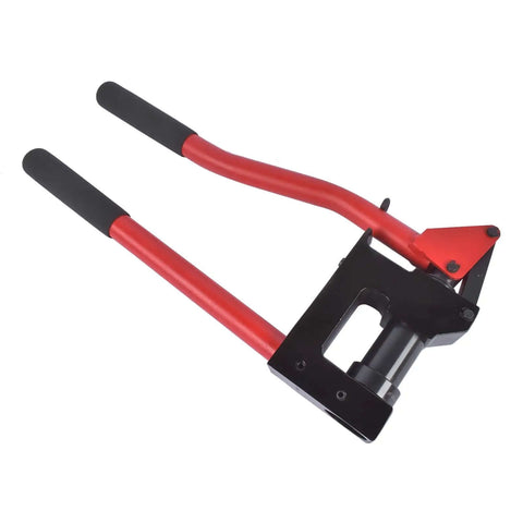 Manual Lever Sheet Metal Hole Punch Kit 20 Gauge With Dies 7/8 Inch 1-1/8 Inch And 1-11/32 Inch, shown from side with red handles