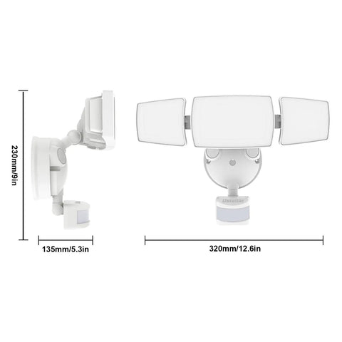 Smart Outdoor Security Flood Light With Motion Sensor, 50W 5500lm, Tunable White 2700K to 6500K, dimensions shown