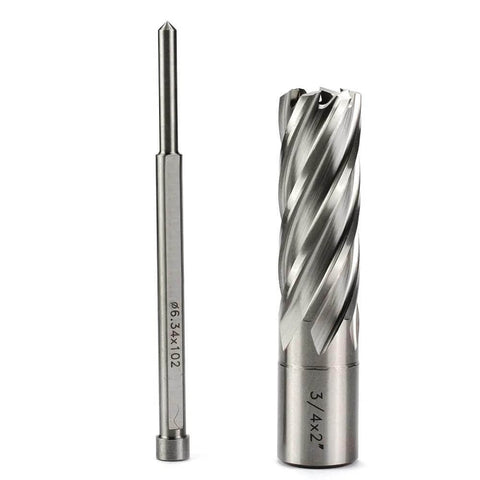 Oscarbide annular cutter with pilot pin for magnetic drill press; 3/4 in diameter, 2 in depth, Weldon shank.