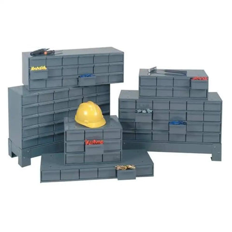 Gray Cold Rolled Steel Vertical Storage Cabinet With 18 Drawers for small parts, arranged in a workshop setting with tools.