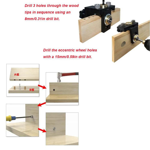 Heavy Duty Pocket Hole Jig Kit For Carpentry And Woodworking Joinery With Aluminum Drill Guide demonstrating hole drilling technique.