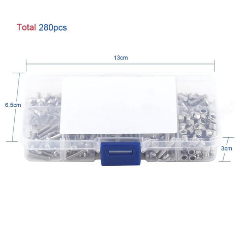 Heavy Duty M3 Hex Socket Button Head Screws 304 Premium Grade Stainless Steel 280 Piece Assortment in organizer box.