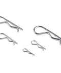 Five galvanized steel R cotter pins from 100 Piece R Cotter Pin Assortment Kit With Galvanized Carbon Steel Mechanical Hitch Pins