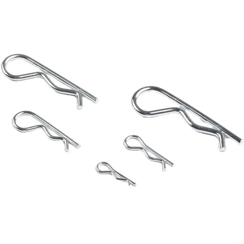Five galvanized steel R cotter pins from 100 Piece R Cotter Pin Assortment Kit With Galvanized Carbon Steel Mechanical Hitch Pins