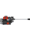 Side view of a 2-spool hydraulic joystick control valve with red port plugs and a long metal lever.