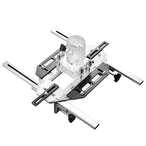 Foolproof Wood Door Grooving Positioner Featuring Flexible Door Hinge Router Template, aluminum base, 0 to 310mm clamping range.