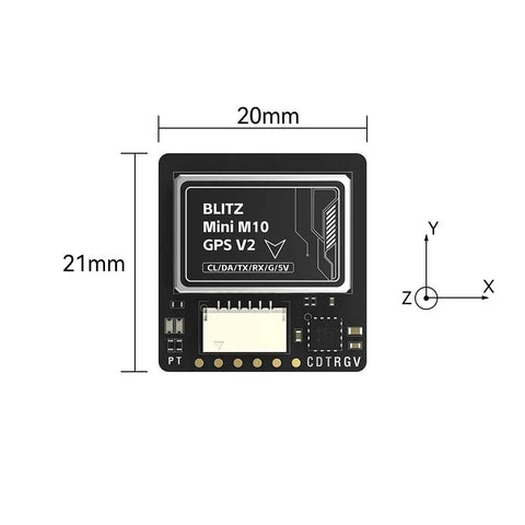 Blitz Mini M10 GPS V2 With QMC5883L for FPV long range drone, showing dimensions 20mm by 21mm, front view.
