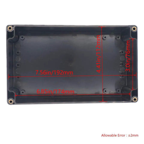 Interior view of IP65 Waterproof ABS Project Box Junction Enclosure For Outdoor DIY Electronics 7.87 X 4.72 X 2.95 Inches with measurements.
