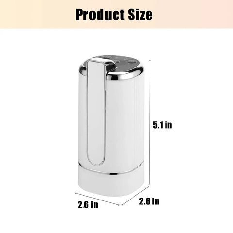 Dimensions of On The Go 5 Gallon Water Dispenser Pump With USB Type C Charging Foldable Spout Digital Display in white, 5.1x2.6 inches