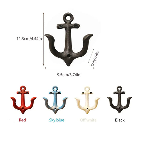 Badass Vintage Cast Iron Nautical Anchor Wall Hooks For Bathrooms And Closets Hella Sturdy Marine Style in red, sky blue, off white, and black.
