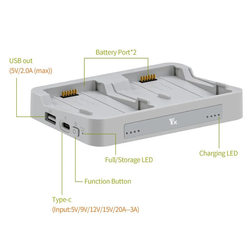 Dual Slot Drone Charging Hub For Two Way Charging And Power Bank Compatible Dual Battery Station with LED indicators